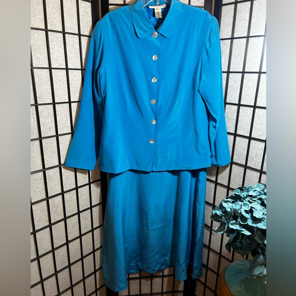 Vintage Victoria Holley 100% Silk Turquoise Blue Long Dress & Jacket Size 16W